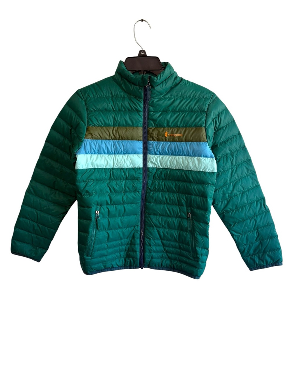 Cotopaxi Kids Medium Green Striped Down Fuego Puffer Jacket Travel Hiking
